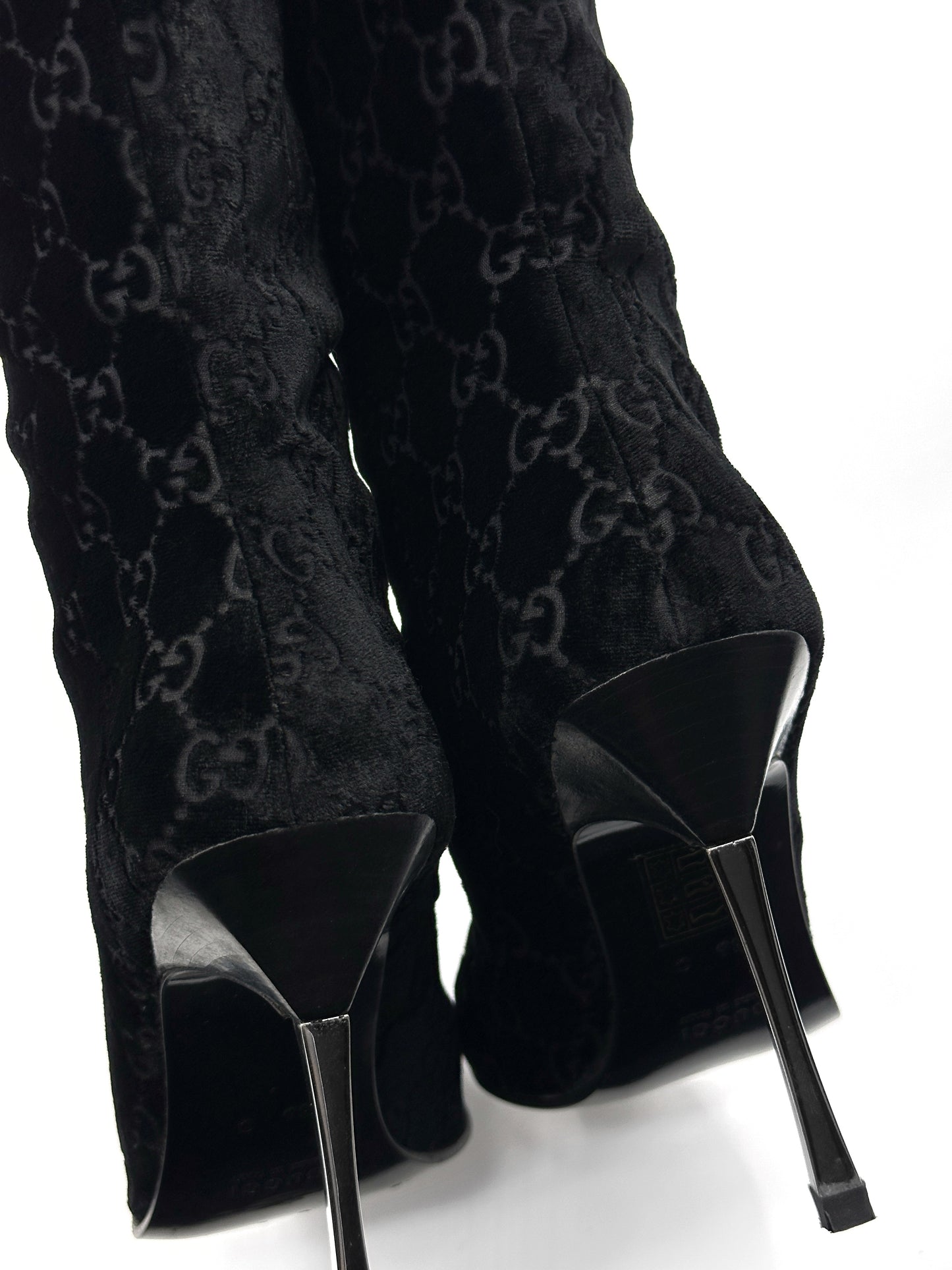 Gucci Fall 1997 Tom Ford Dark Navy Guccisima Monogram Velvet Metal Heel Tall Boots 36