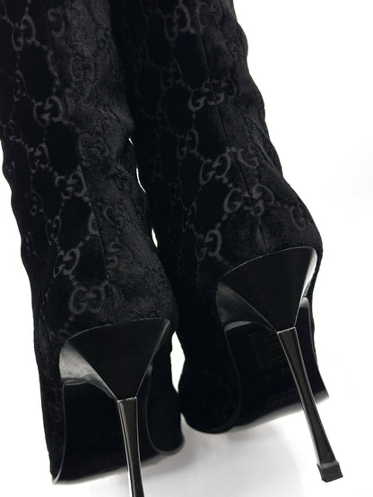 Gucci Fall 1997 Tom Ford Dark Navy Guccisima Monogram Velvet Metal Heel Tall Boots 36