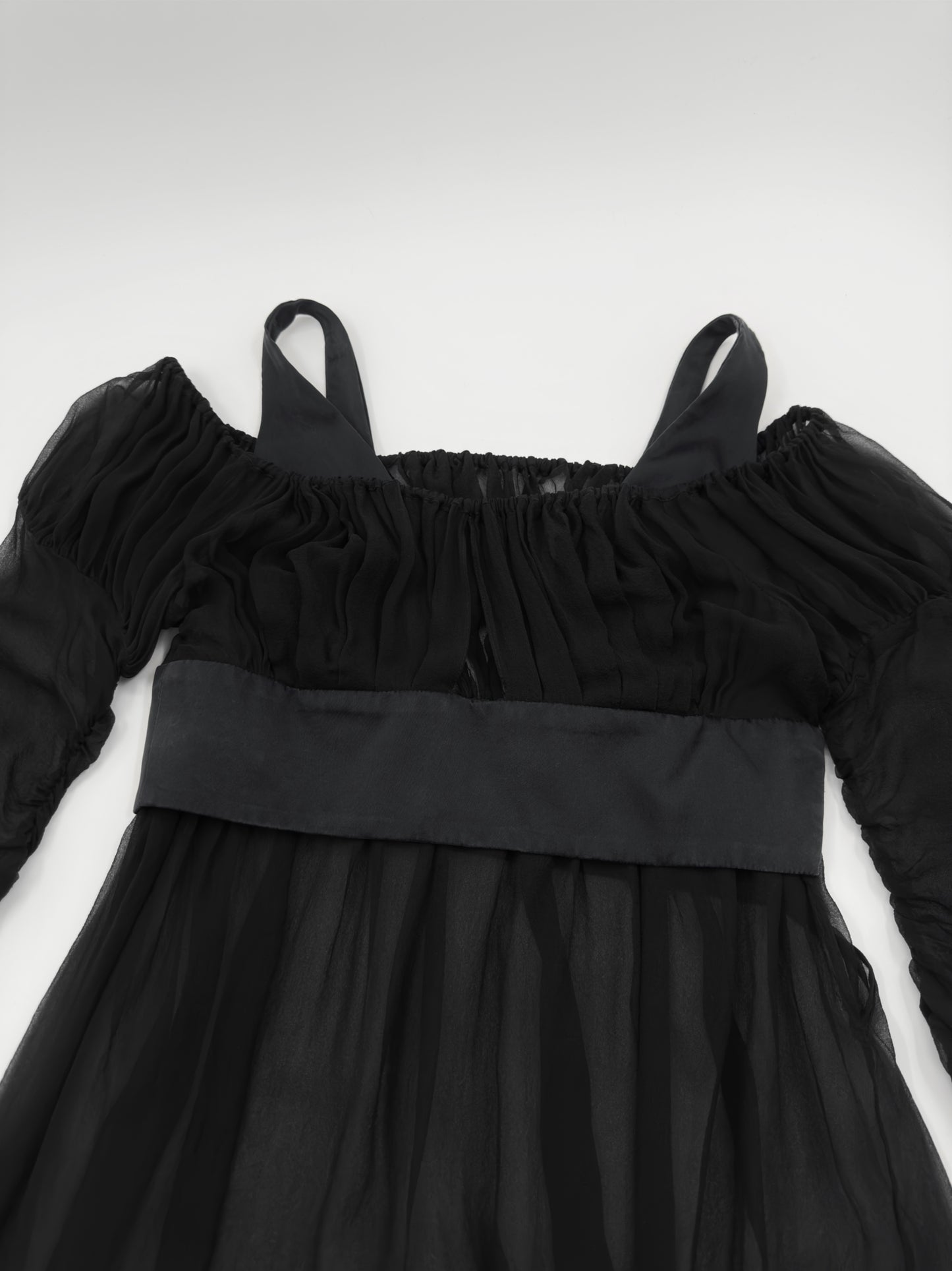 Gucci Fall 2005 Black Drop Shoulder Ruched Sheer Pure Silk Satin Top 40