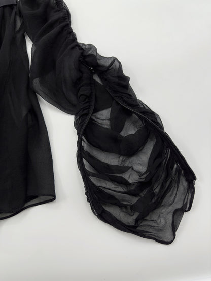 Gucci Fall 2005 Black Drop Shoulder Ruched Sheer Pure Silk Satin Top 40