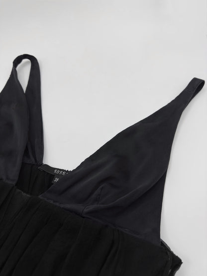 Gucci Fall 2005 Black Drop Shoulder Ruched Sheer Pure Silk Satin Top 40