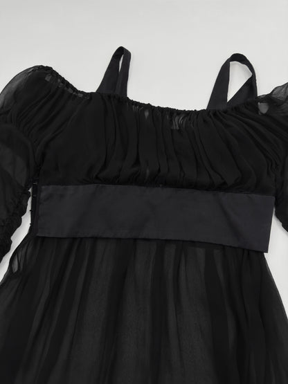 Gucci Fall 2005 Black Drop Shoulder Ruched Sheer Pure Silk Satin Top 40