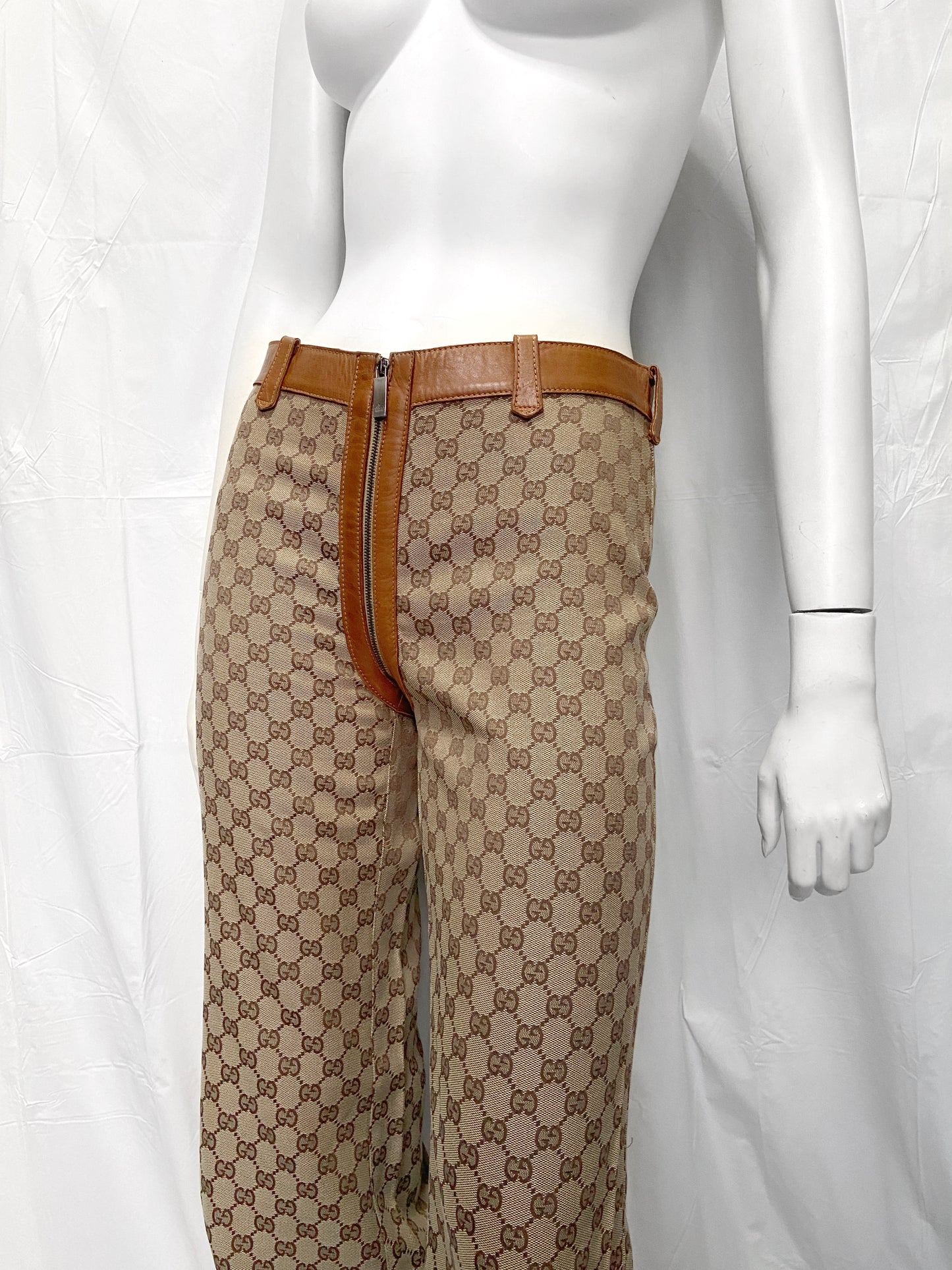 Gucci Fall 2000 Tom Ford Brown Monogram Zipper Flared Pants