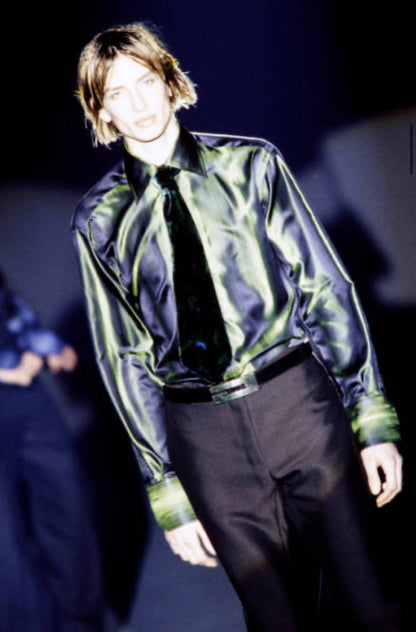 Gucci Fall 1997 Tom Ford Look #20/#18 Green Silk Striped Shirt with Ombré Silk Velvet Tie