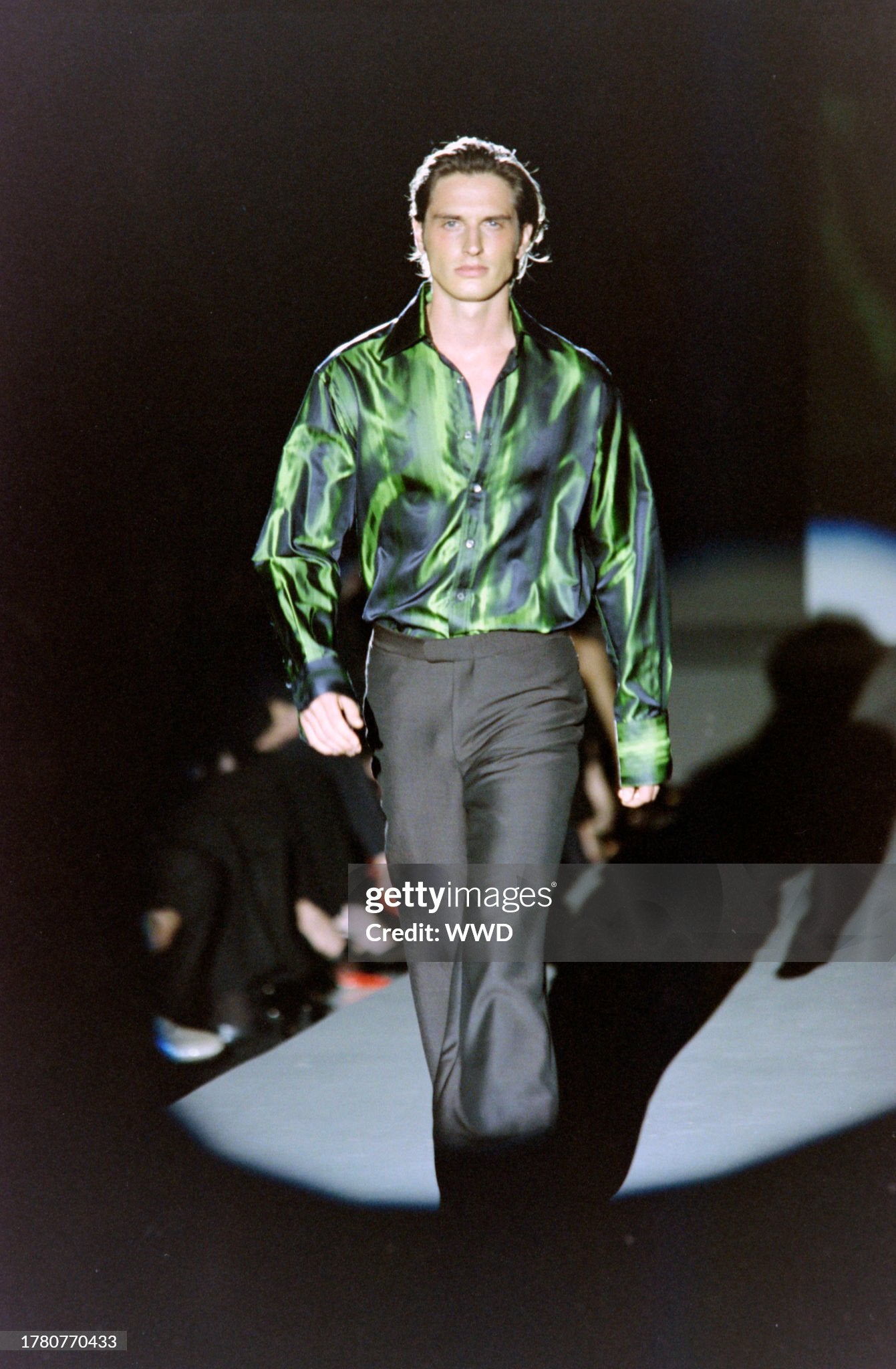 Gucci Fall 1997 Tom Ford Look #20/#18 Green Silk Striped Shirt with Ombré Silk Velvet Tie