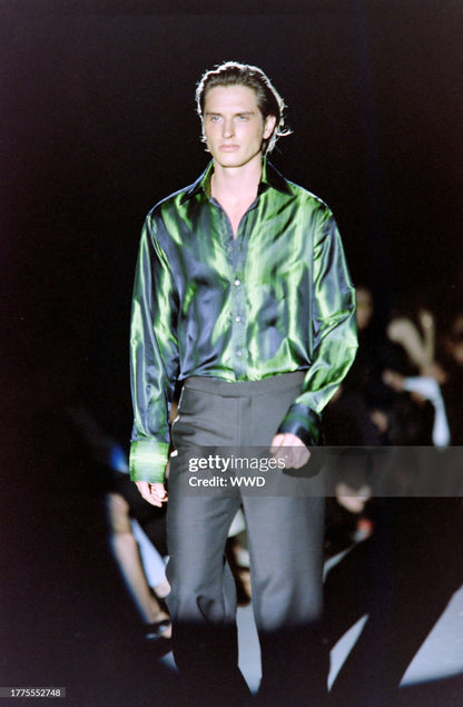 Gucci Fall 1997 Tom Ford Look #20/#18 Green Silk Striped Shirt with Ombré Silk Velvet Tie