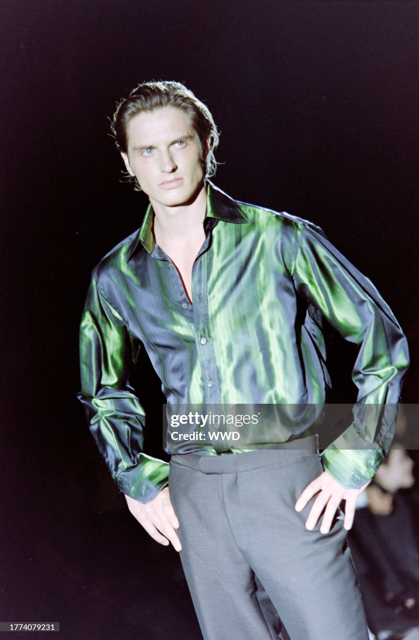 Gucci Fall 1997 Tom Ford Look #20/#18 Green Silk Striped Shirt with Ombré Silk Velvet Tie