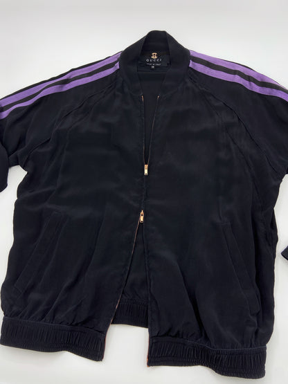 Gucci Spring 2004 Tom Ford Black Webbing Striped Crepe de Chine Silk Bomber Jacket pants tracksuit 38