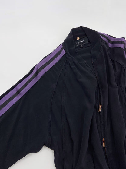 Gucci Spring 2004 Tom Ford Black Webbing Striped Crepe de Chine Silk Bomber Jacket pants tracksuit 38