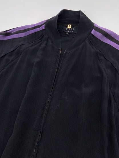 Gucci Spring 2004 Tom Ford Black Webbing Striped Crepe de Chine Silk Bomber Jacket pants tracksuit 38