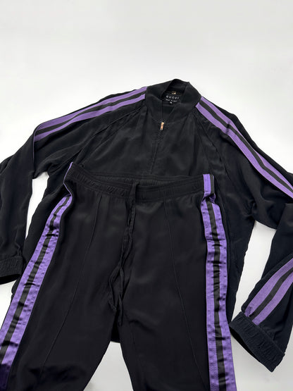 Gucci Spring 2004 Tom Ford Black Webbing Striped Crepe de Chine Silk Bomber Jacket pants tracksuit 38