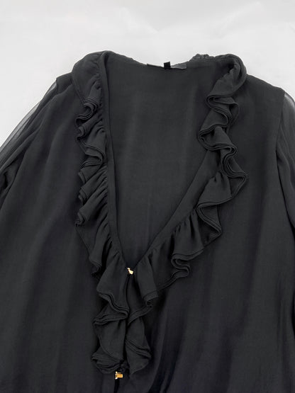 Gucci Fall 2000 Tom Ford Runway Black Ruffled Plunge Silk Blouse