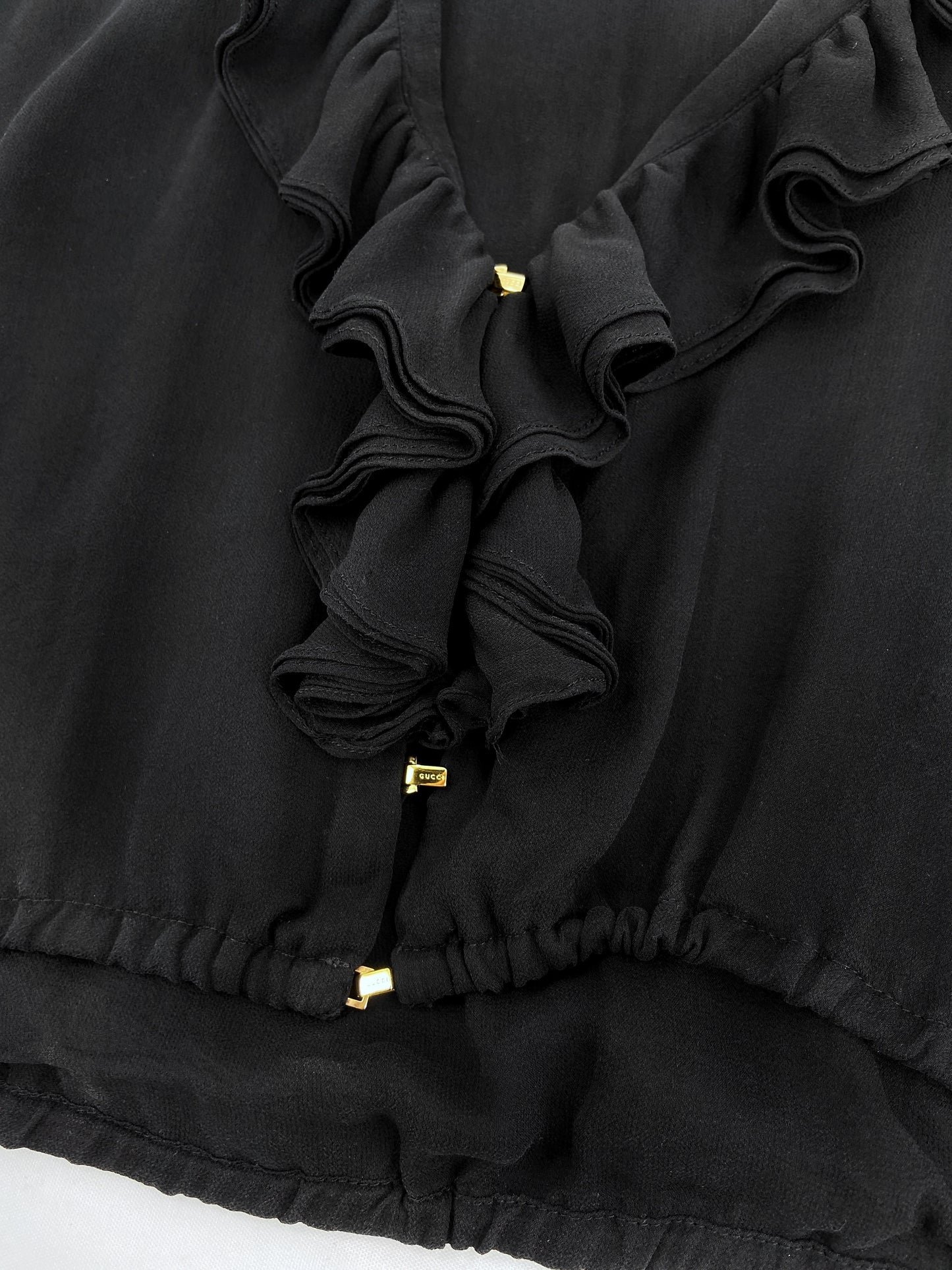 Gucci Fall 2000 Tom Ford Runway Black Ruffled Plunge Silk Blouse