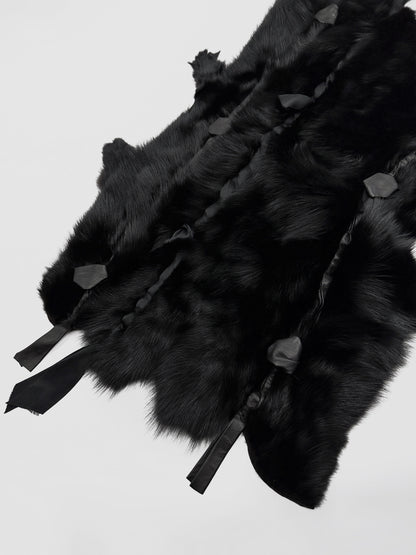 FINALE Gucci Fall 2002 Tom Ford Black Fitch Fur Pelt Stole with Leather & Silk Satin Ribbons
