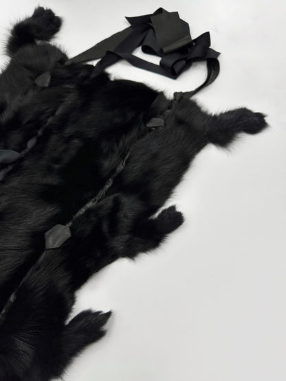 FINALE Gucci Fall 2002 Tom Ford Black Fitch Fur Pelt Stole with Leather & Silk Satin Ribbons