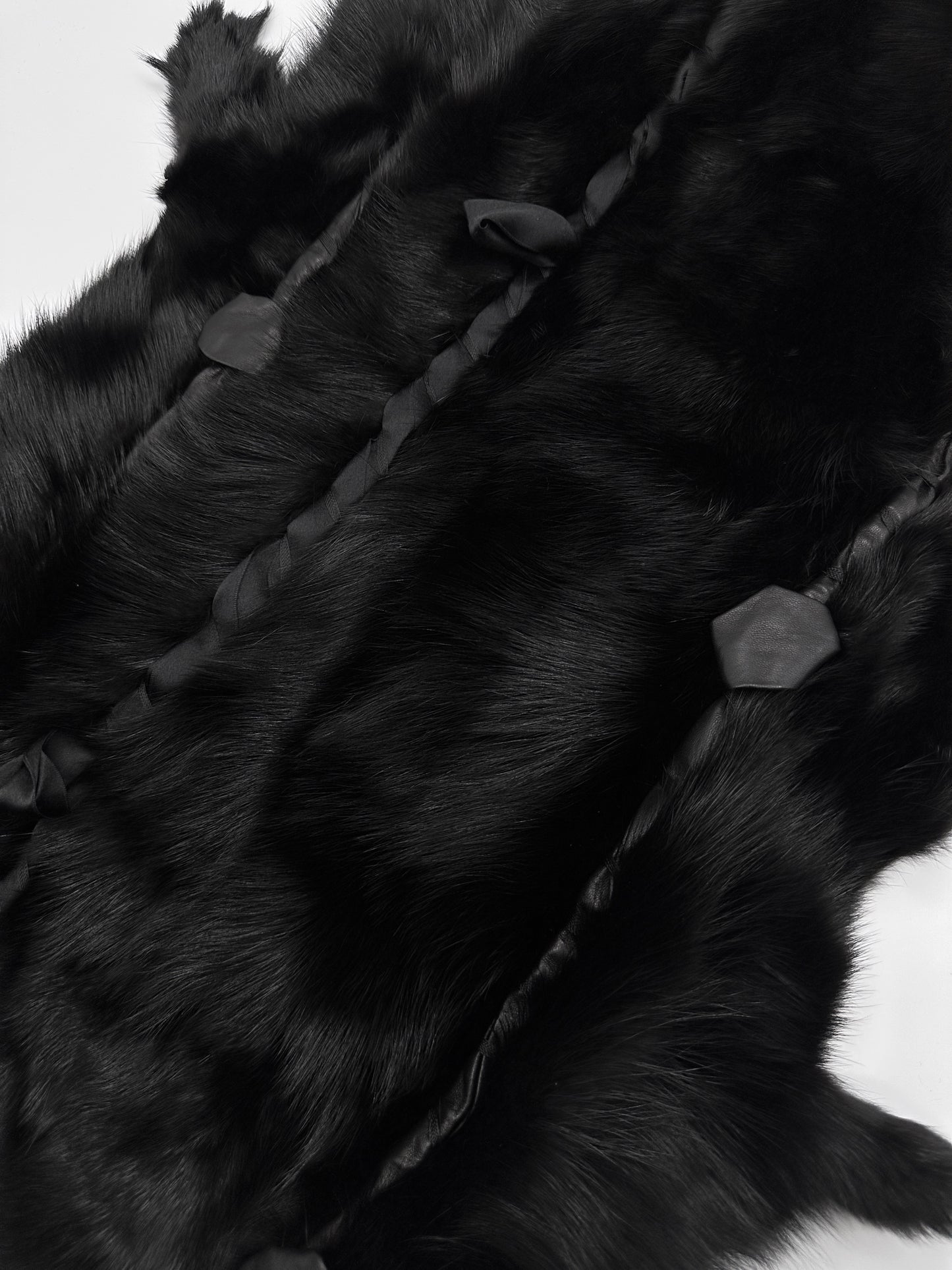 FINALE Gucci Fall 2002 Tom Ford Black Fitch Fur Pelt Stole with Leather & Silk Satin Ribbons