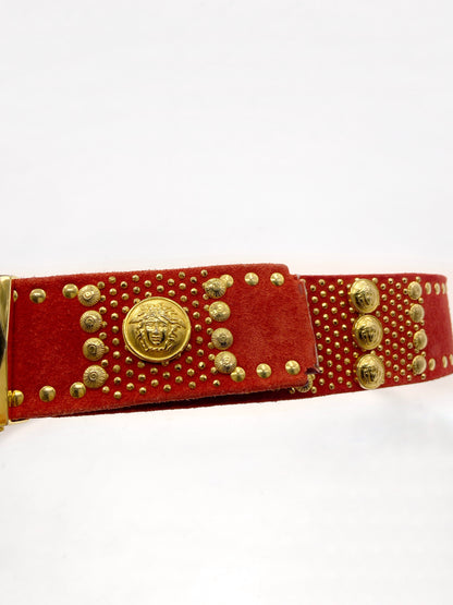 Gianni Versace 90s Red Suede Gold Studded Belt 30