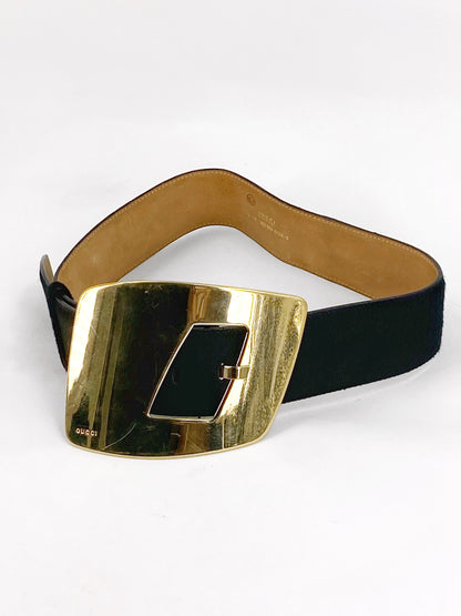 Gucci Fall 1996 Tom Ford Iconic Oversized "G" Gold Logo Black Pony Hair Belt 28