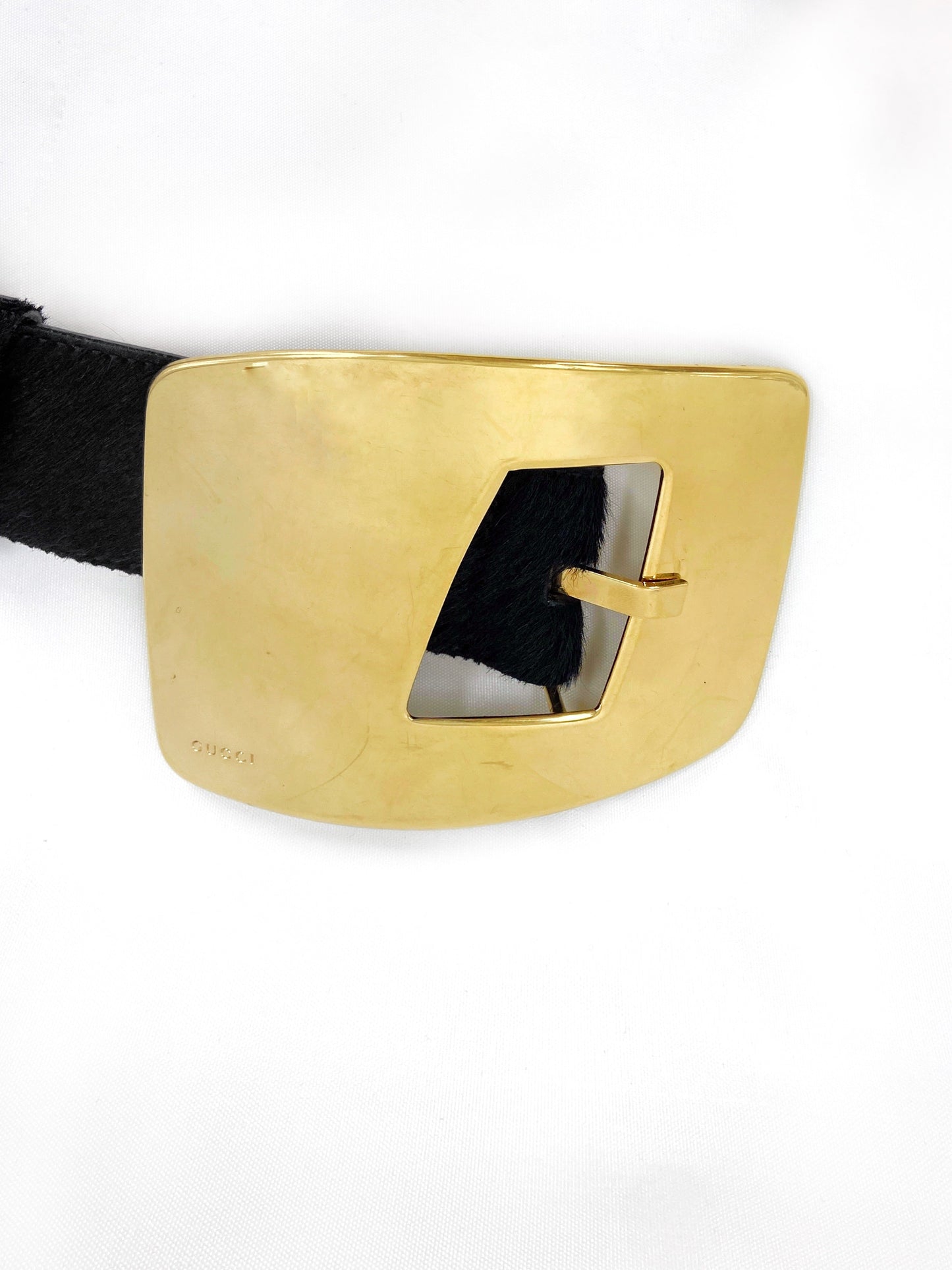 Gucci Fall 1996 Tom Ford Iconic Oversized "G" Gold Logo Black Pony Hair Belt 28