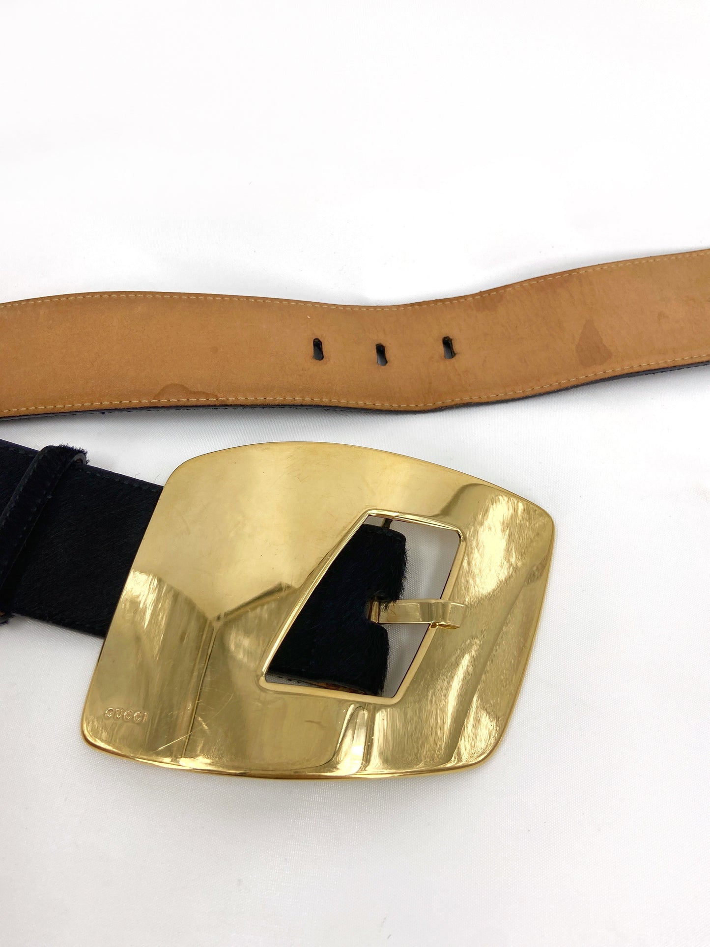 Gucci Fall 1996 Tom Ford Iconic Oversized "G" Gold Logo Black Pony Hair Belt 28