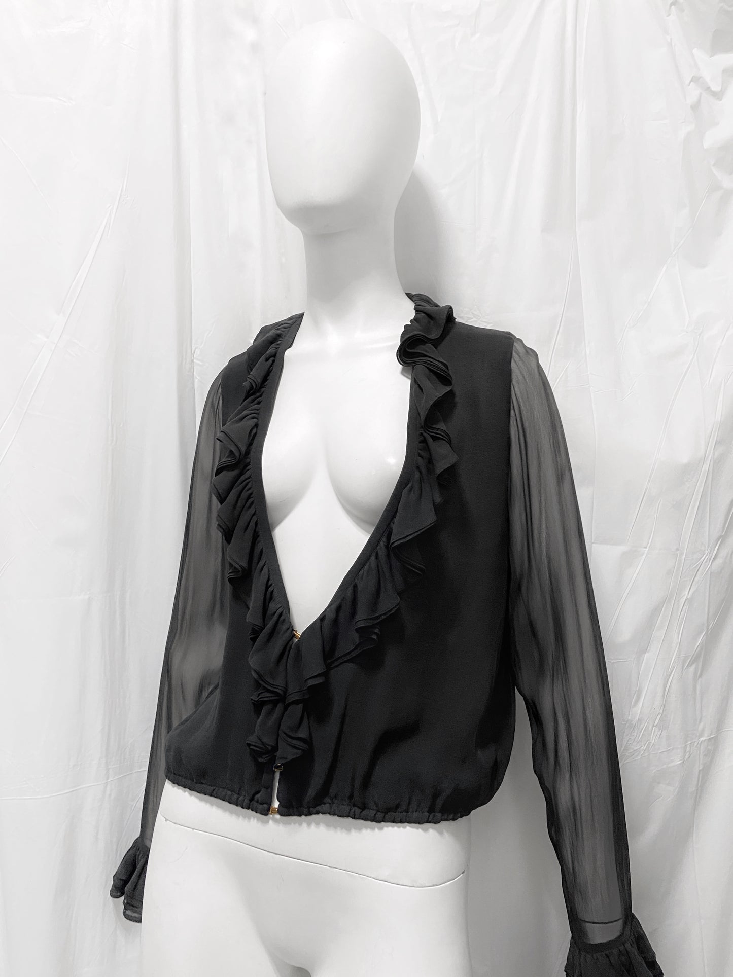 Gucci Fall 2000 Tom Ford Runway Black Ruffled Plunge Silk Blouse