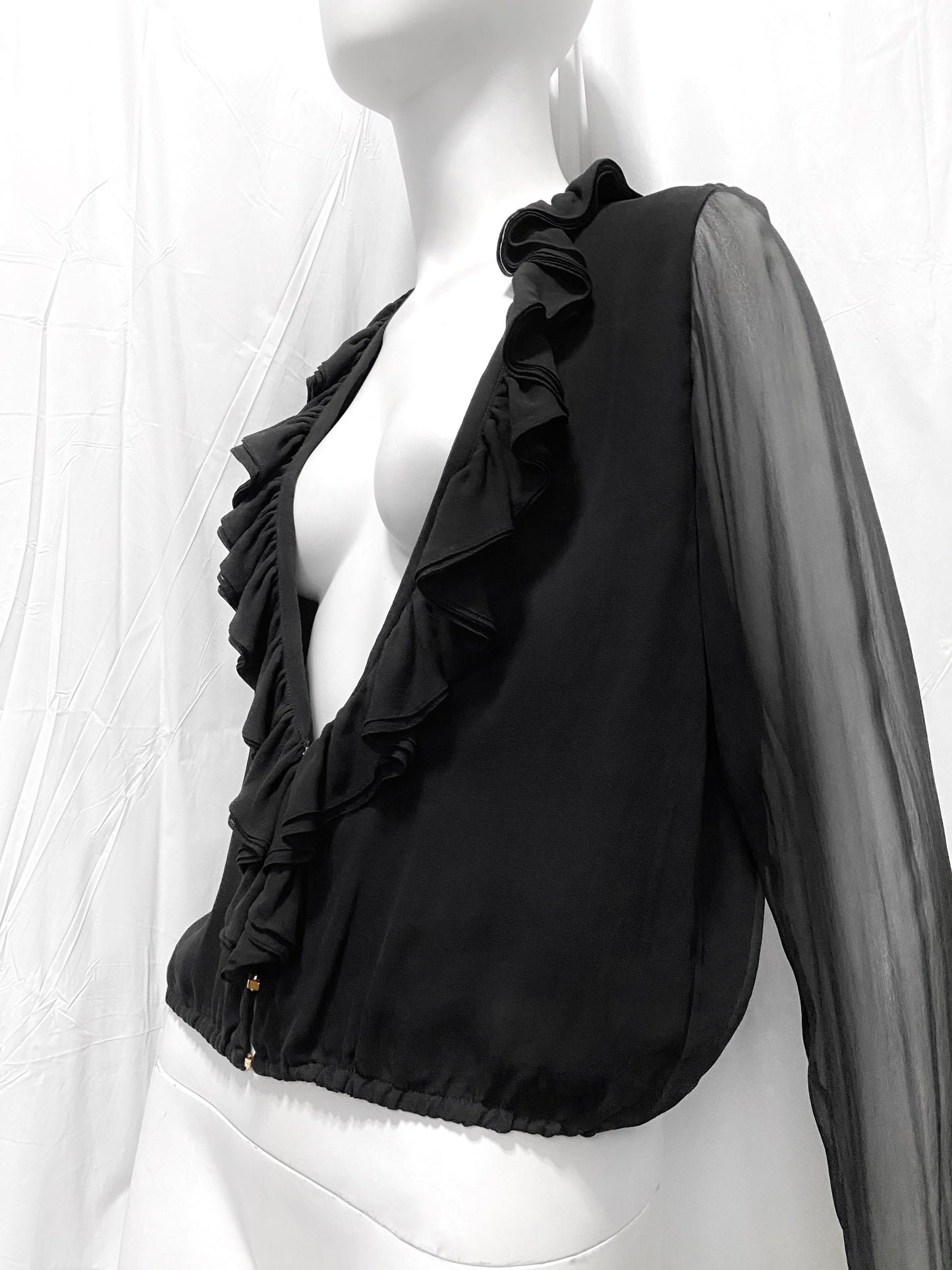 Gucci Fall 2000 Tom Ford Runway Black Ruffled Plunge Silk Blouse