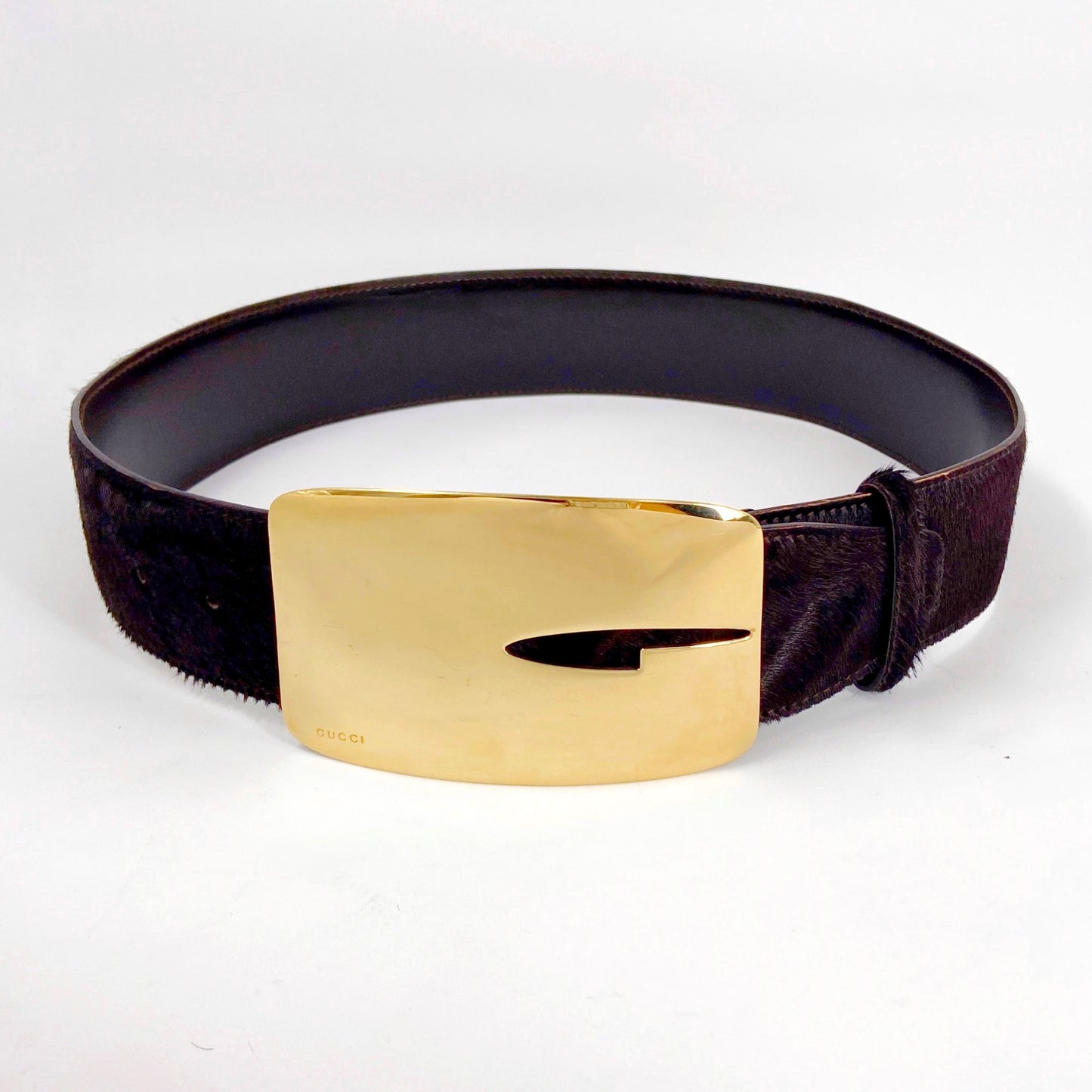 Gucci Fall 1996 Tom Ford Iconic Gold Logo Brown Pony Hair Belt 30