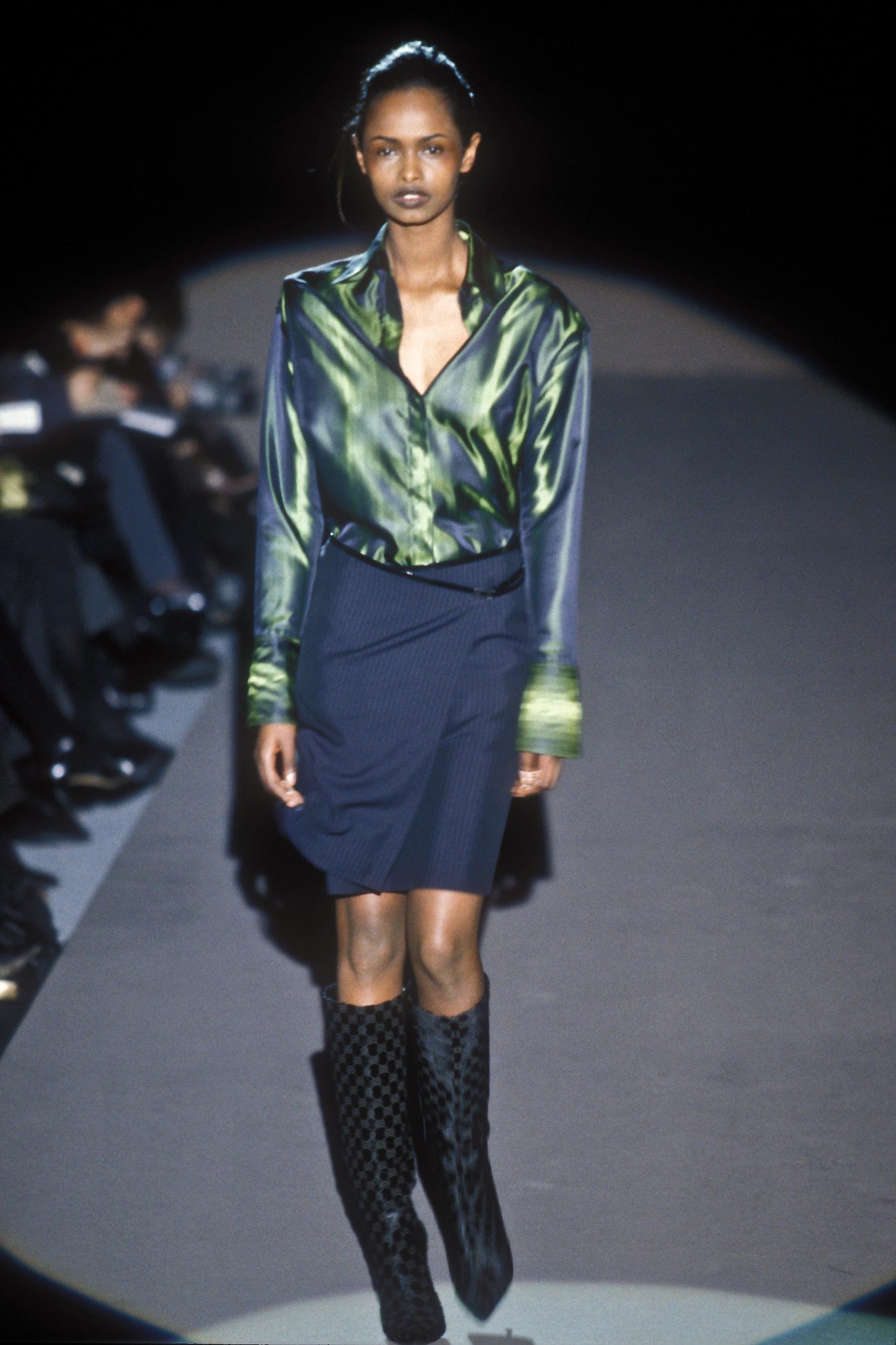 Gucci Fall 1997 Tom Ford Dark Navy Guccisima Monogram Velvet Metal Heel Tall Boots 36