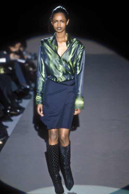 Gucci Fall 1997 Tom Ford Dark Navy Guccisima Monogram Velvet Metal Heel Tall Boots 36