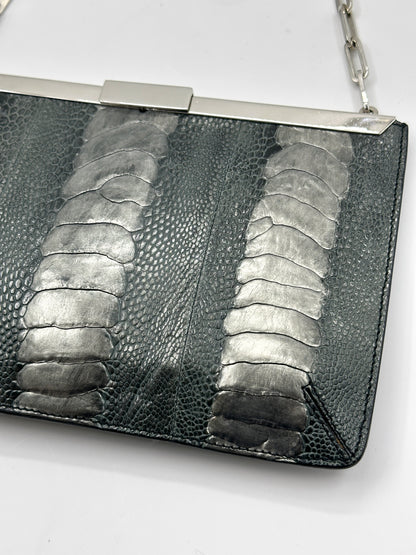 Gucci Spring 2000 Tom Ford Green & Silver Ostrich Leg Leather Chain Link Slim Clasp Clutch Bag