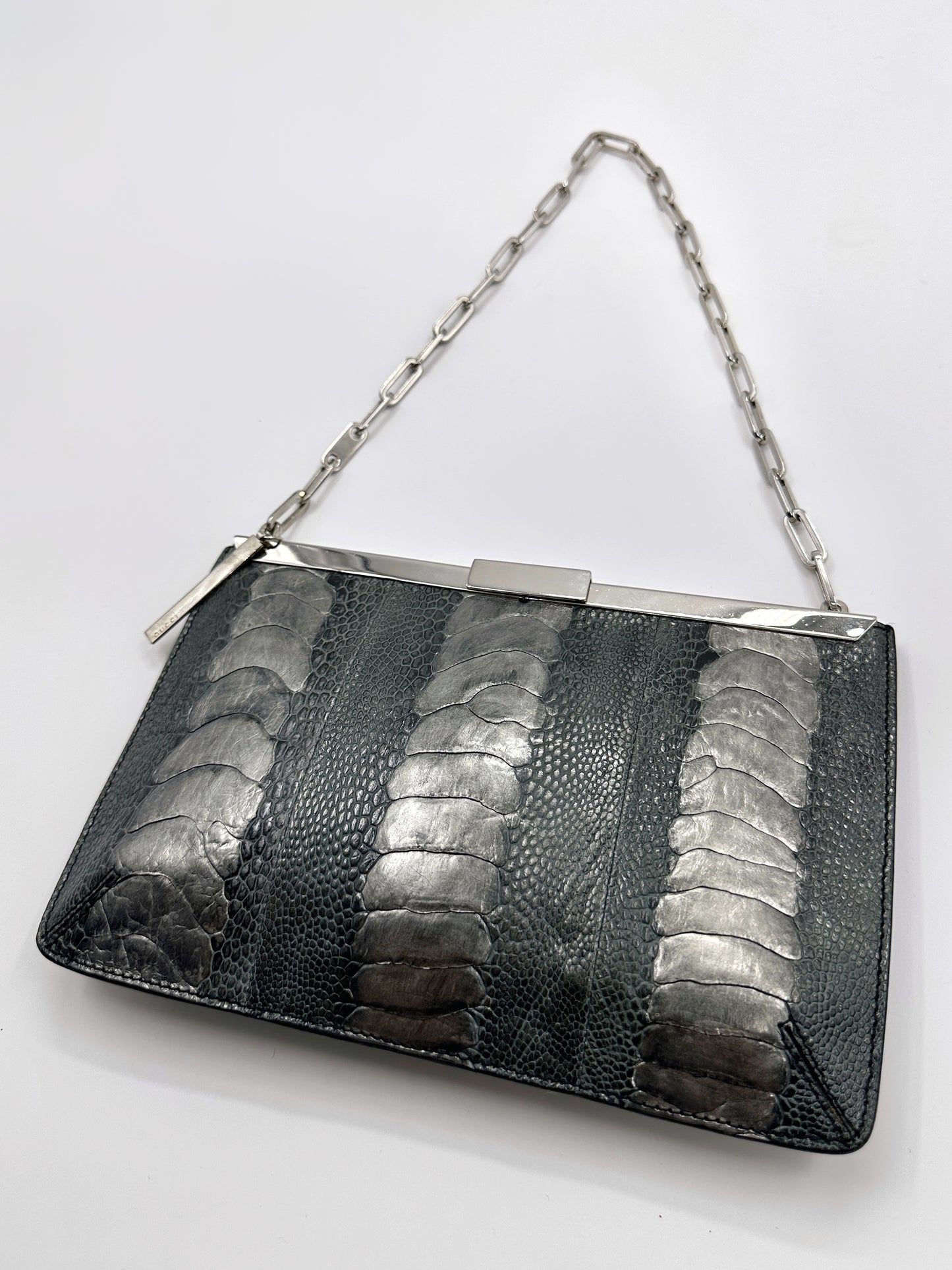 Gucci Spring 2000 Tom Ford Green & Silver Ostrich Leg Leather Chain Link Slim Clasp Clutch Bag
