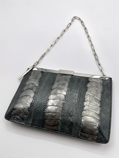 Gucci Spring 2000 Tom Ford Green & Silver Ostrich Leg Leather Chain Link Slim Clasp Clutch Bag