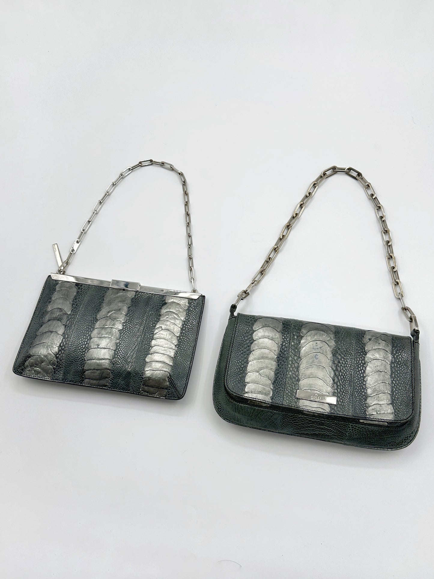 Gucci Spring 2000 Tom Ford Green & Silver Ostrich Leg Leather Chain Link Slim Clasp Clutch Bag