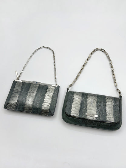 Gucci Spring 2000 Tom Ford Green & Silver Ostrich Leg Leather Chain Link Slim Clasp Clutch Bag