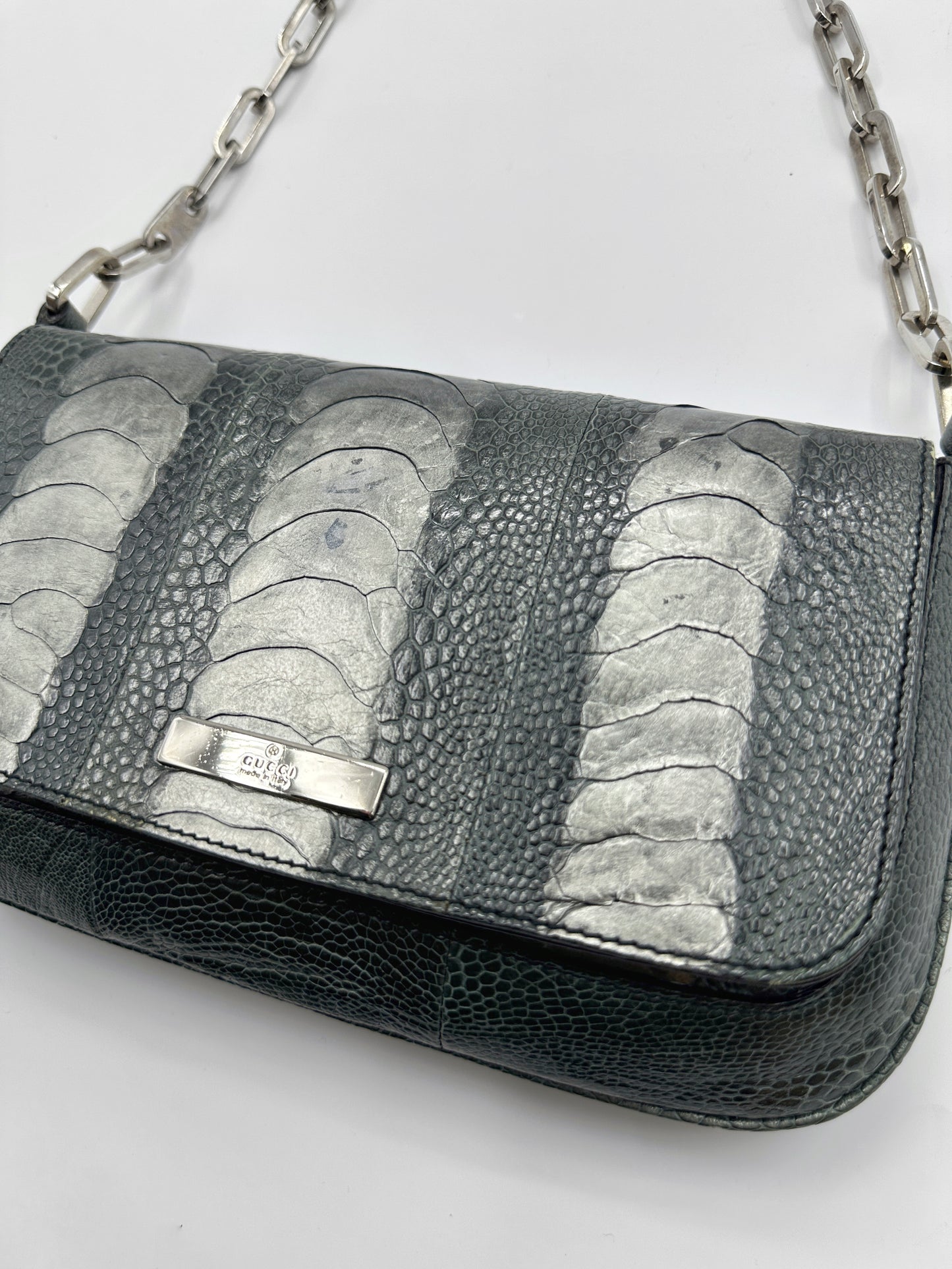 Gucci Spring 2000 Tom Ford Green & Silver Ostrich Leg Leather Chain Link Flapped Handbag