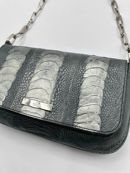 Gucci Spring 2000 Tom Ford Green & Silver Ostrich Leg Leather Chain Link Flapped Handbag
