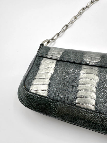 Gucci Spring 2000 Tom Ford Green & Silver Ostrich Leg Leather Chain Link Flapped Handbag