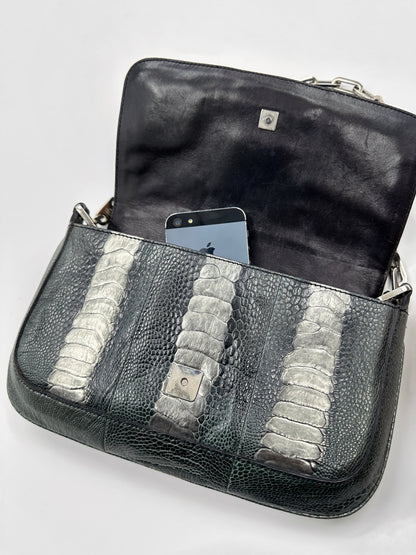 Gucci Spring 2000 Tom Ford Green & Silver Ostrich Leg Leather Chain Link Flapped Handbag