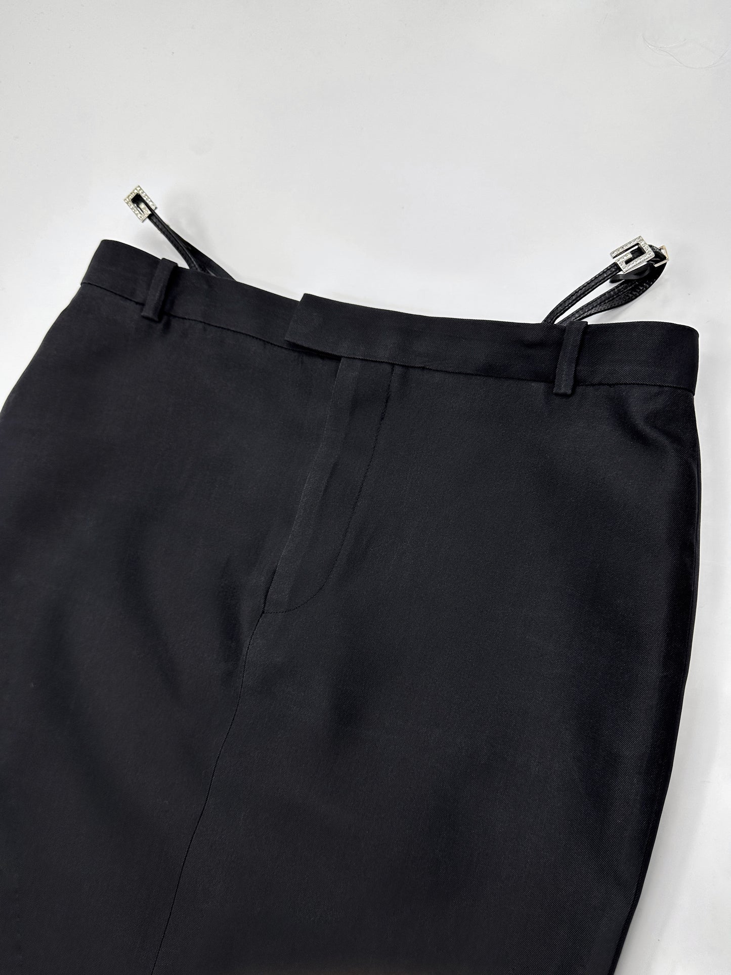 Gucci Spring 1998 Tom Ford Look #38 Swarovski G-String Leather Strap Black Pencil Skirt 42
