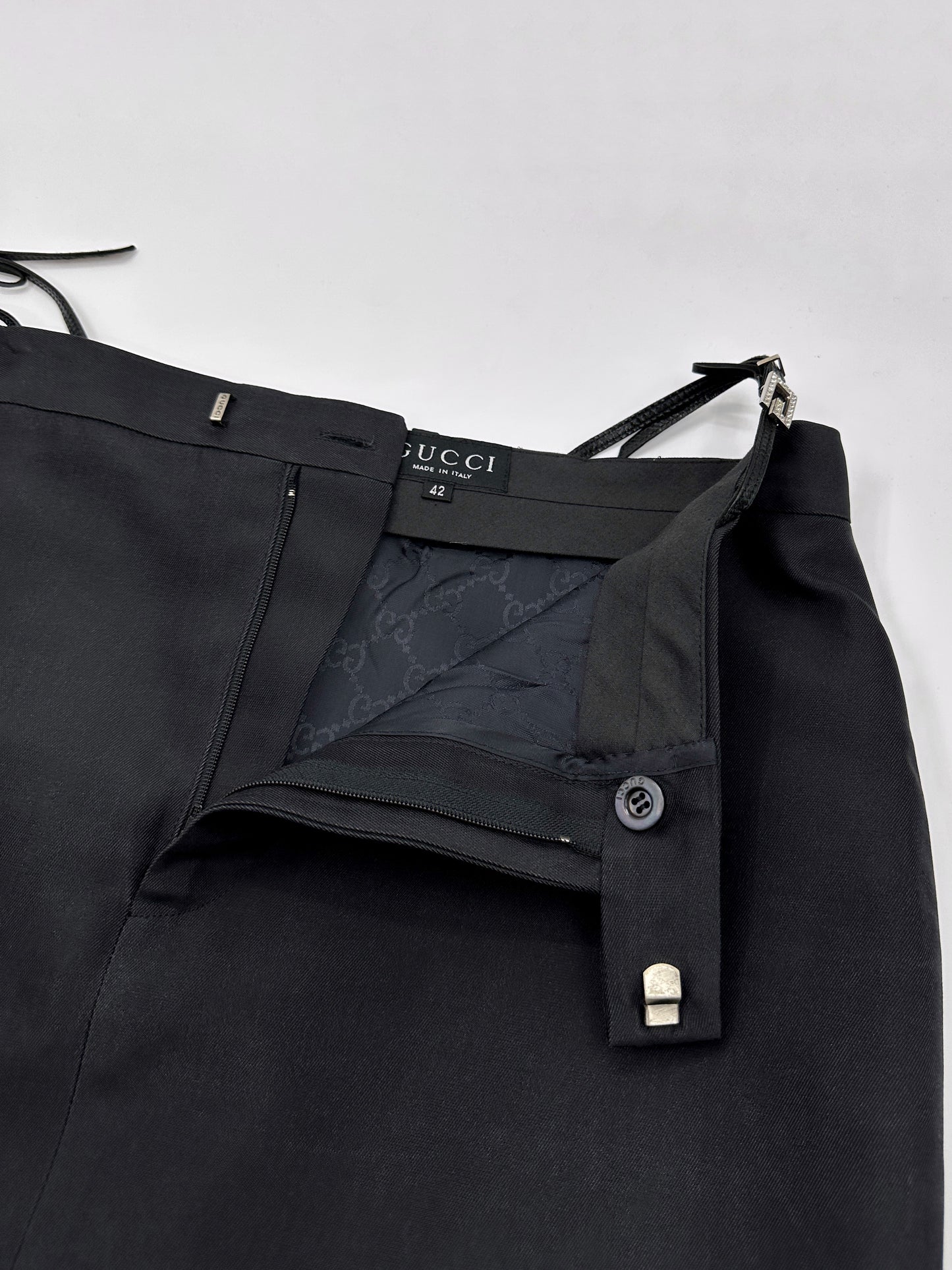 Gucci Spring 1998 Tom Ford Look #38 Swarovski G-String Leather Strap Black Pencil Skirt 42