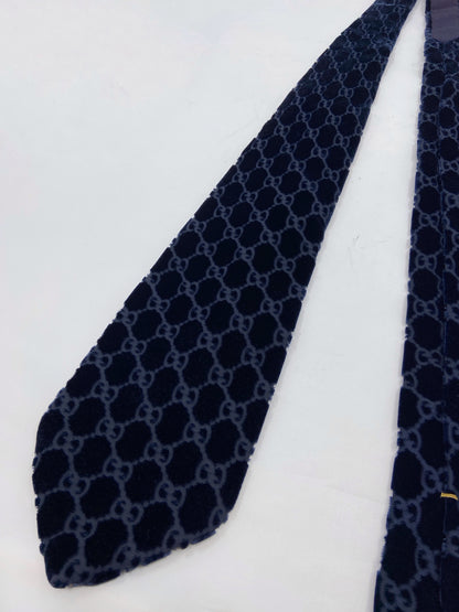 Gucci Fall 1997 Tom Ford Navy Monogrammed Velvet Silk Tie