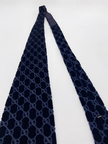 Gucci Fall 1997 Tom Ford Navy Monogrammed Velvet Silk Tie