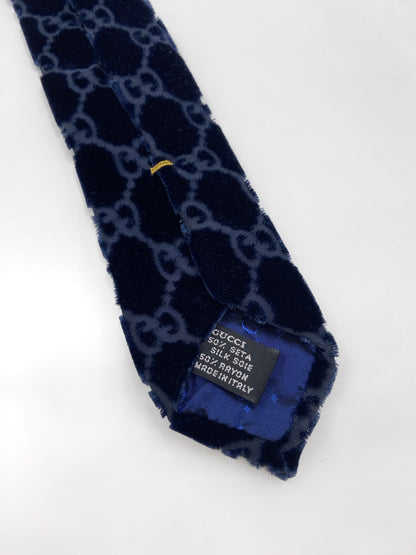 Gucci Fall 1997 Tom Ford Navy Monogrammed Velvet Silk Tie