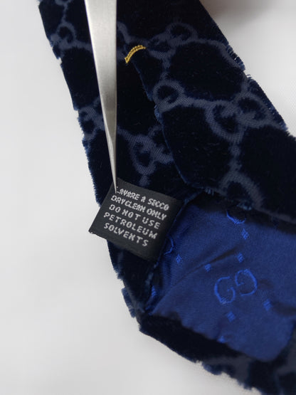 Gucci Fall 1997 Tom Ford Navy Monogrammed Velvet Silk Tie