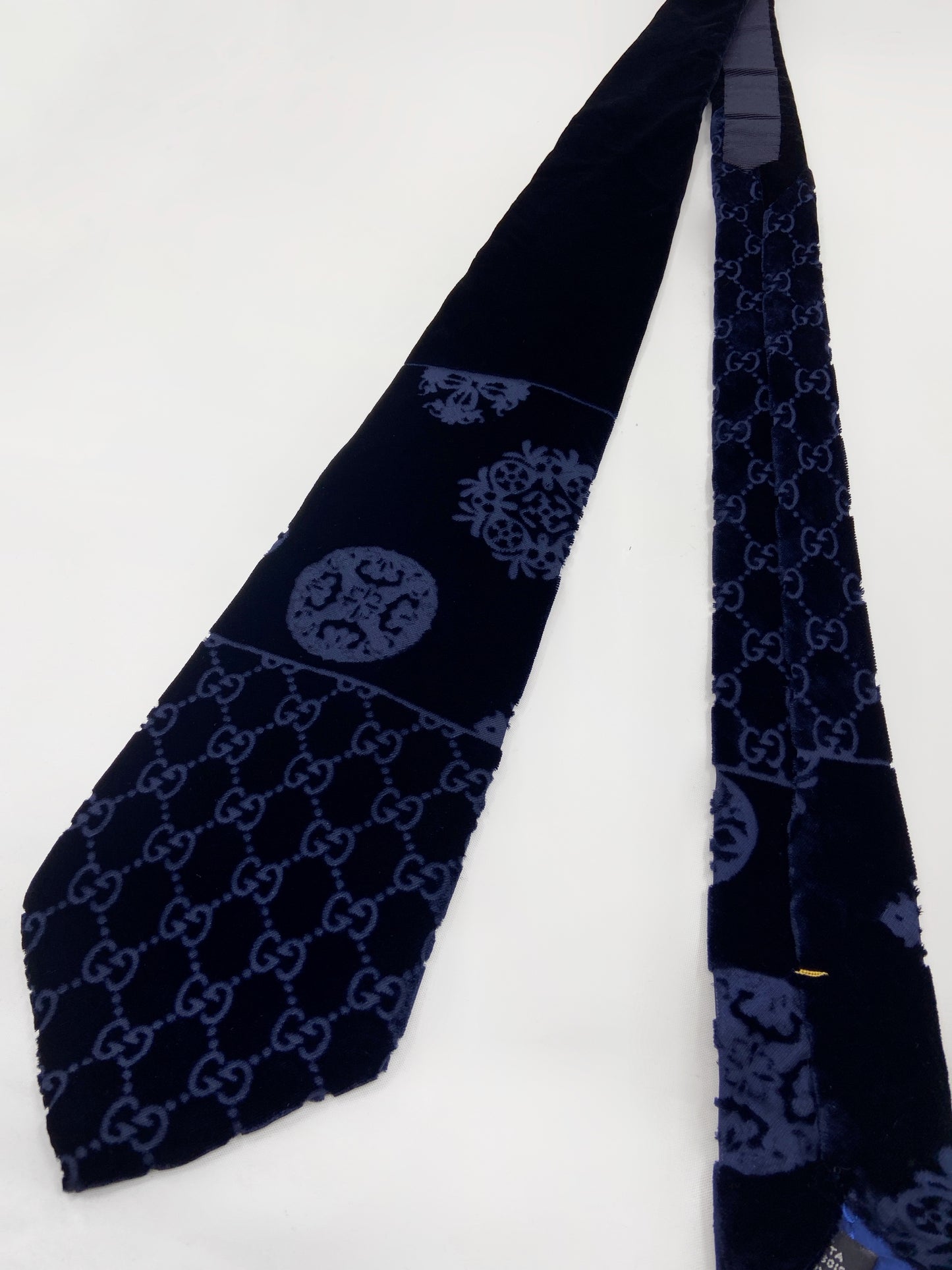 Gucci Fall 1997 Tom Ford Navy Patchwork Monogrammed Velvet Silk Tie