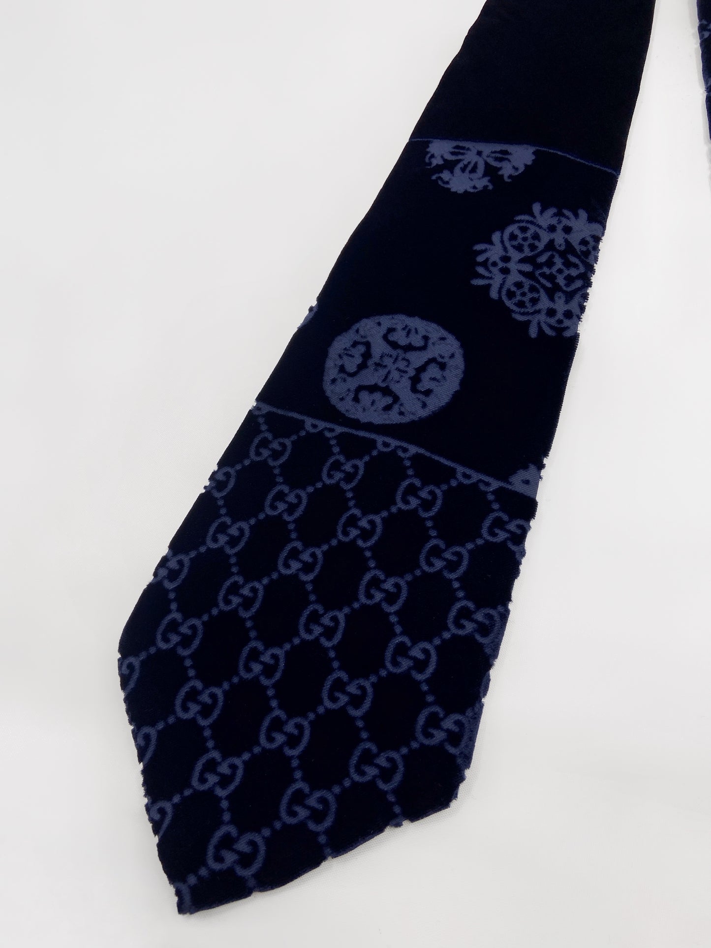 Gucci Fall 1997 Tom Ford Navy Patchwork Monogrammed Velvet Silk Tie