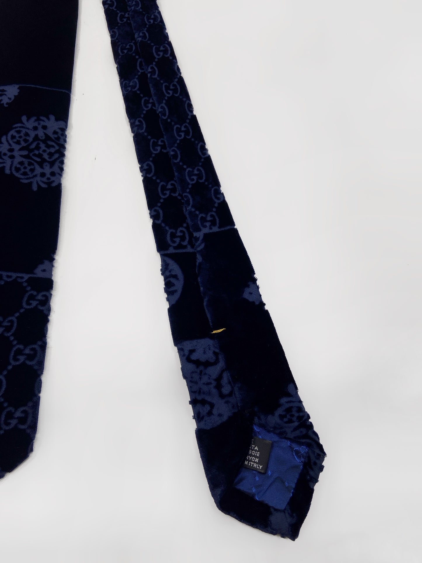 Gucci Fall 1997 Tom Ford Navy Patchwork Monogrammed Velvet Silk Tie