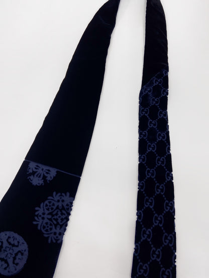 Gucci Fall 1997 Tom Ford Navy Patchwork Monogrammed Velvet Silk Tie