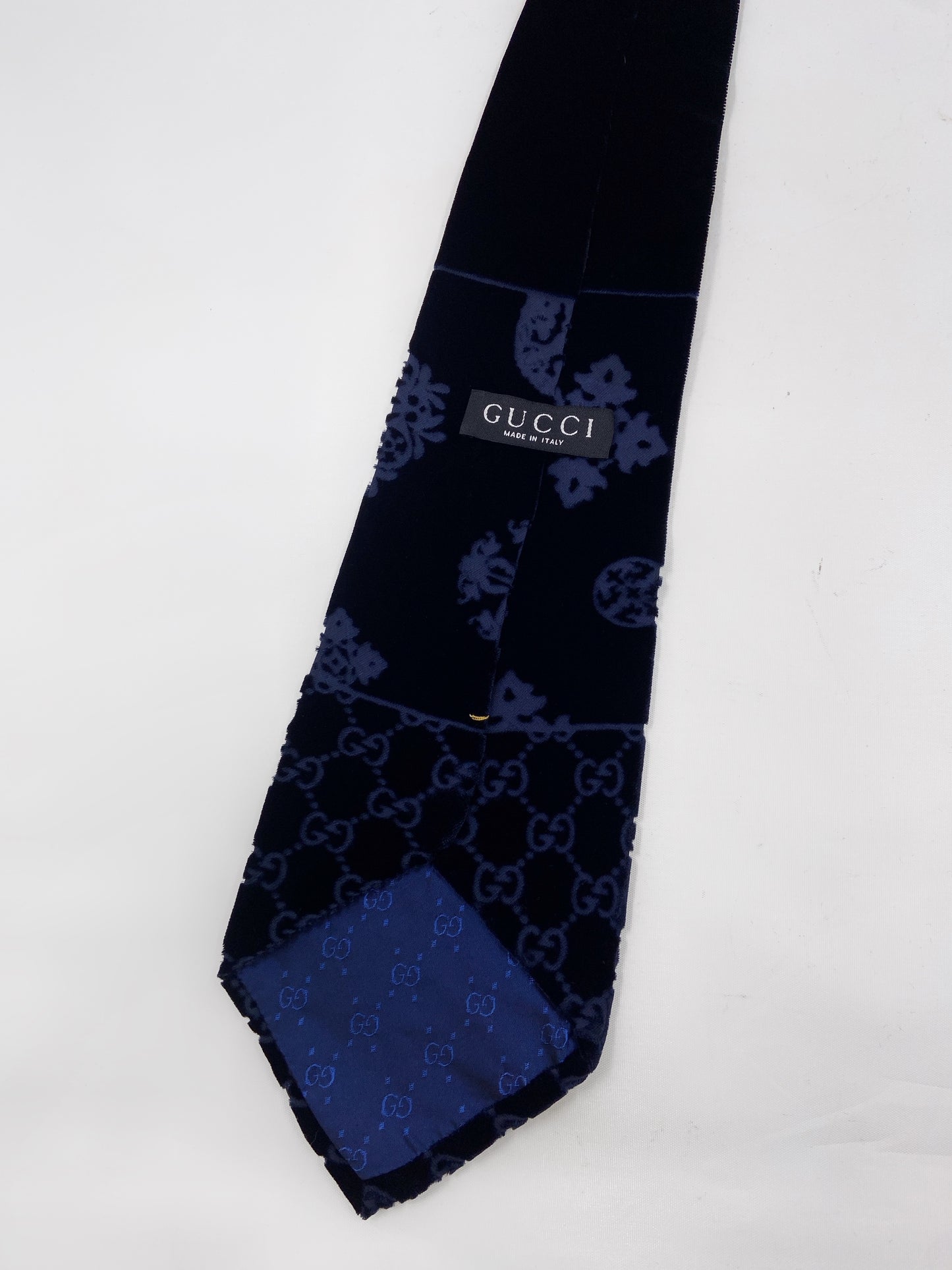 Gucci Fall 1997 Tom Ford Navy Patchwork Monogrammed Velvet Silk Tie