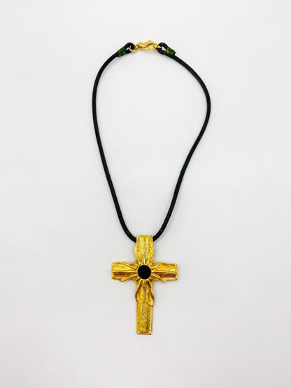 Gianni Versace Sping 1993 Statement Black Gem Giant Gold Cross Necklace with Leather Strap